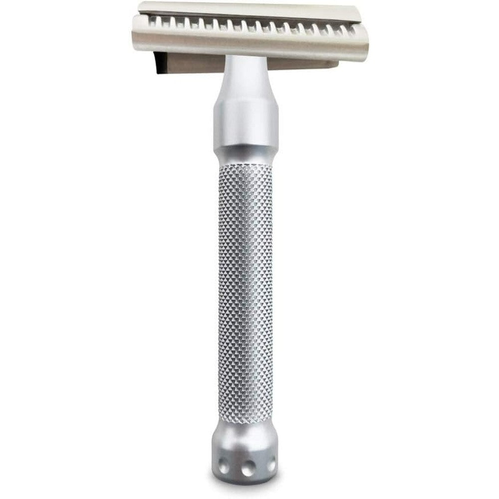 The Goodfellas smile Legione Slant safety razor front view showcasing the premium dual-tone chrome handle.