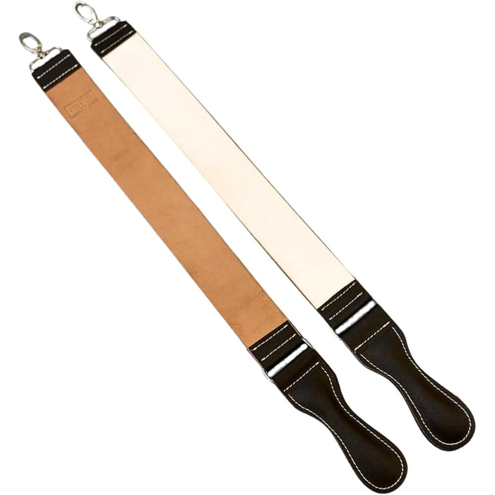 Razor Meister premium cowhide leather strop front view hanging