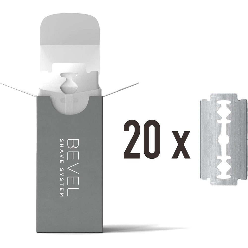 Bevel Safety Razor Replacement Blades 20 Pack front view of grey minimalist packaging