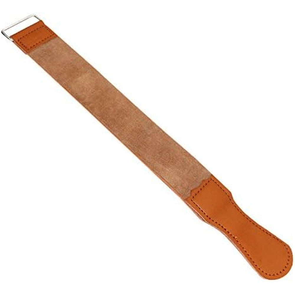 QIXINSTAR Salon Barber Shaving Genuine Leather and Canvas Strop front view showing the dual-sided texture and steel hanging hook.