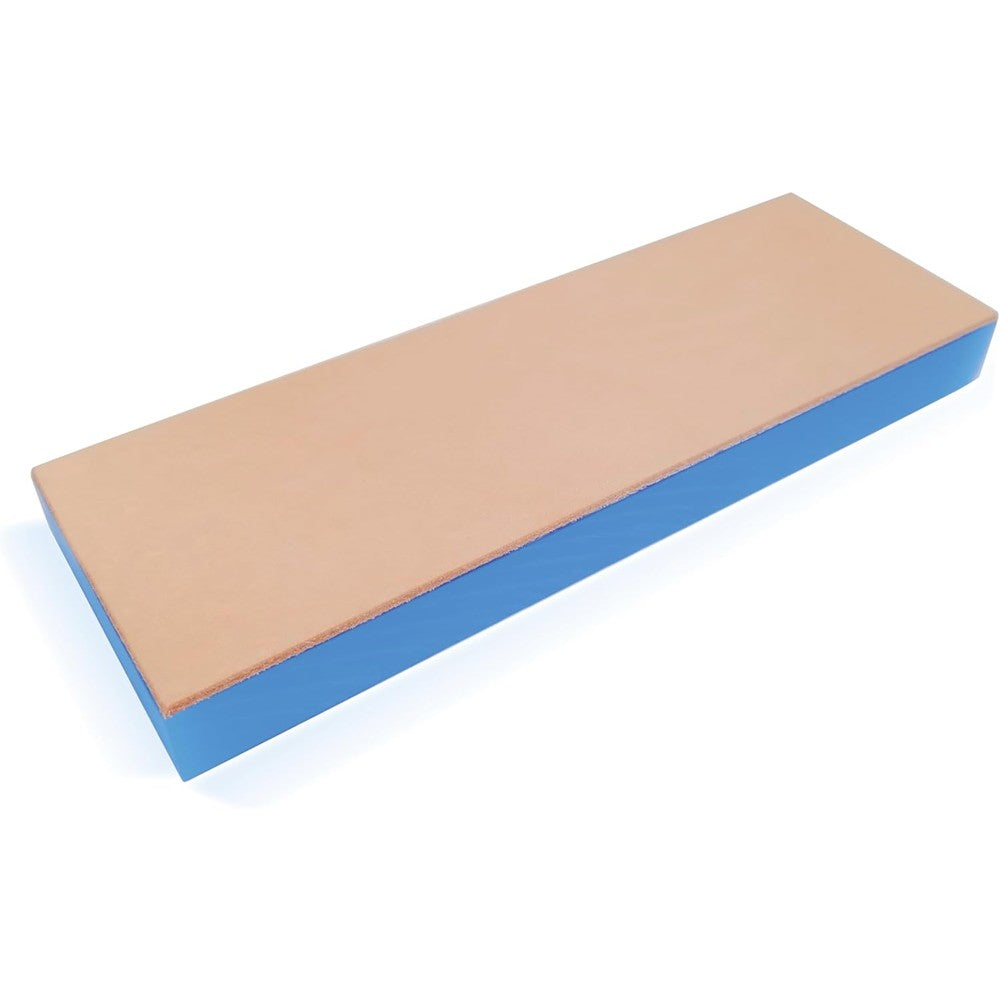 Jende cow leather knife strop front view on acrylic block