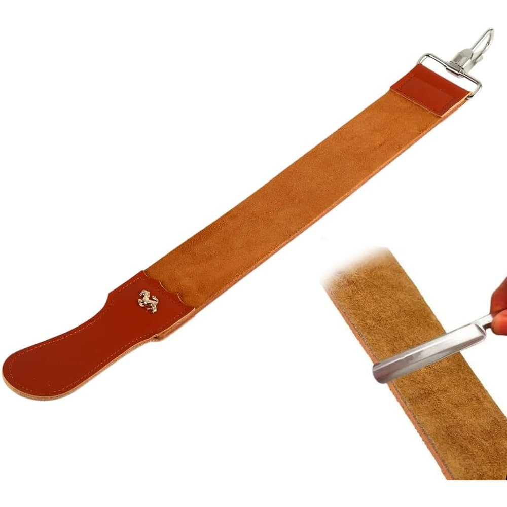 Exblue leather razor strop front view showing double sided surface