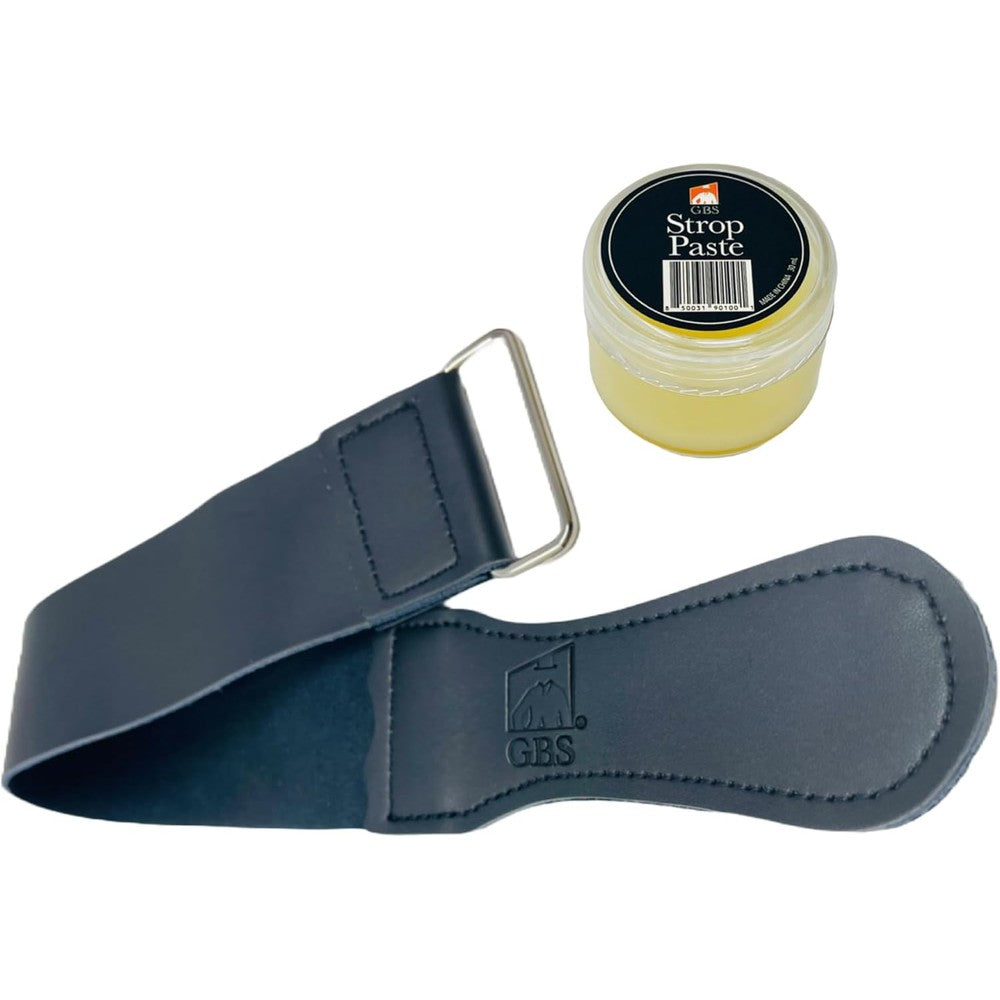 G.B.S Black Leather Razor Strop front view showing the smooth handmade grain leather texture.