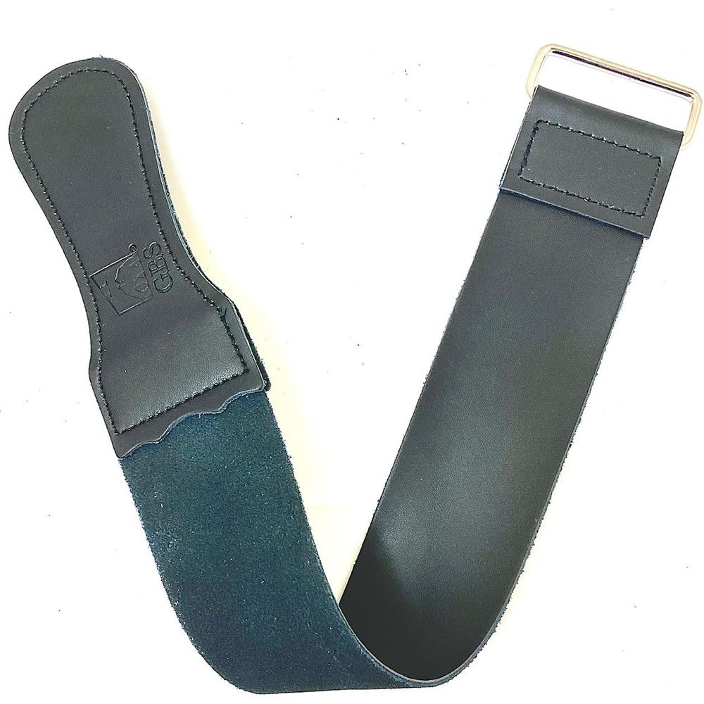 G.B.S leather strop front view showcasing genuine cowhide texture and brass swivel hook