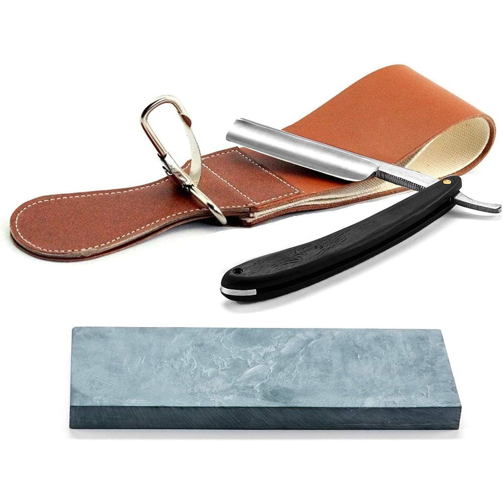Grandslam Pro straight razor kit front view displaying the wooden handle blade and premium leather strop