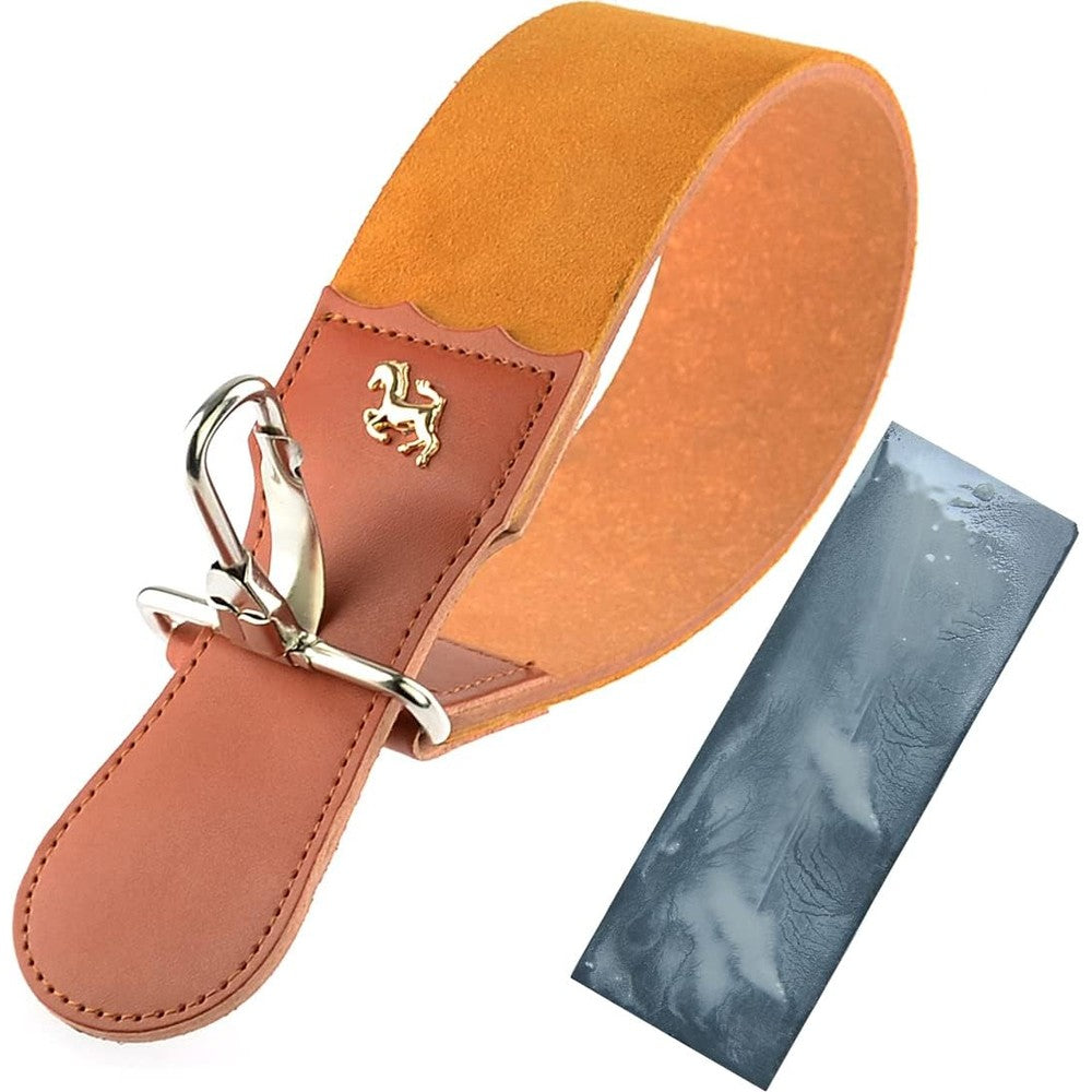 DanNuo straight razor strop with sharpening stone front view showing the genuine leather texture.
