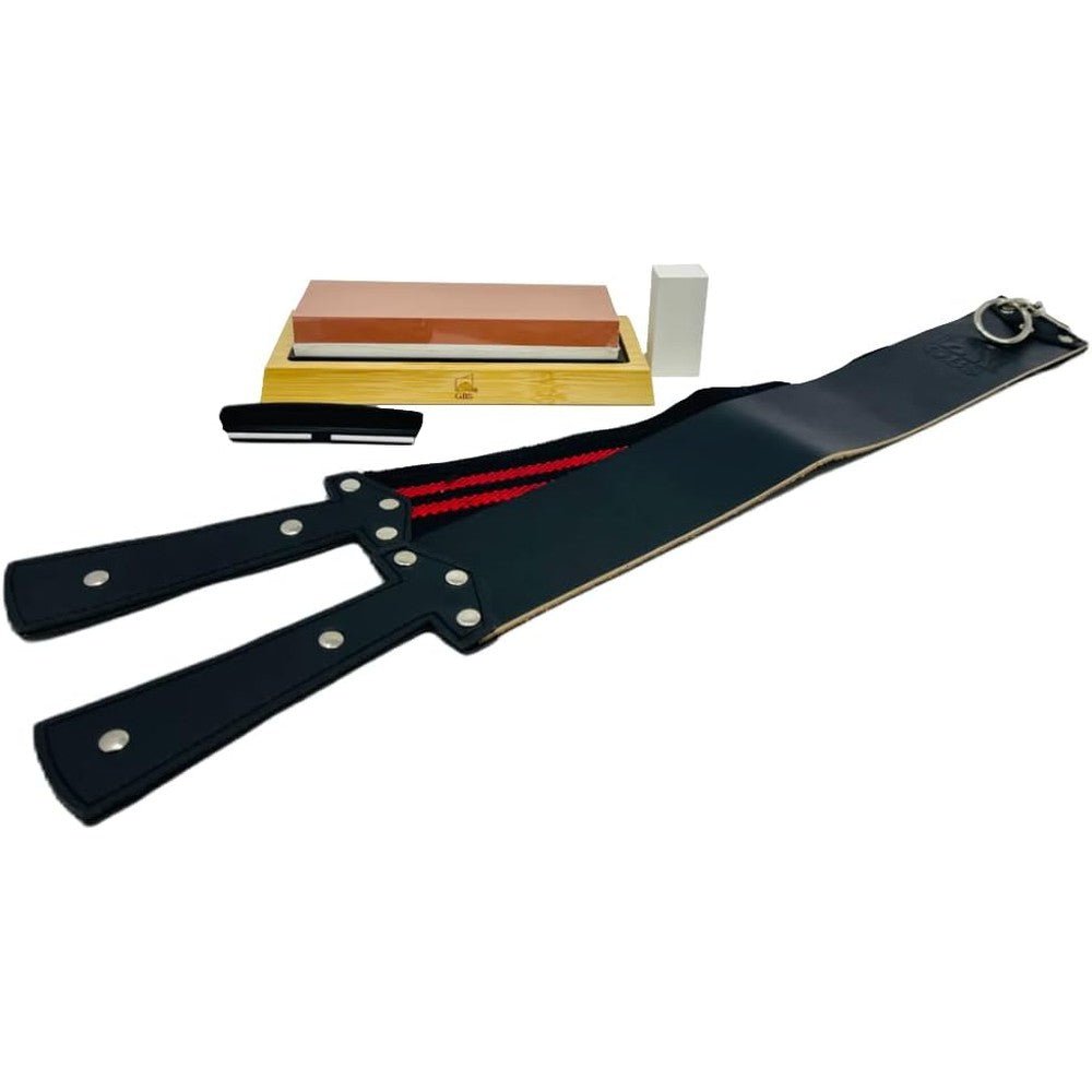 G.B.S premium whetstone and leather strop kit front view showing the complete blade sharpening set.