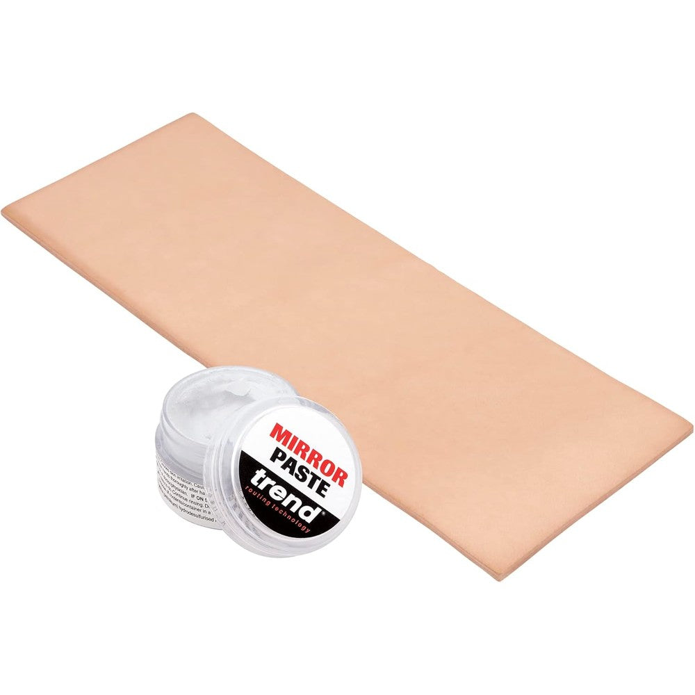 Trend ultra fine mirror paste and leather strop kit front view showing the jar and leather block.