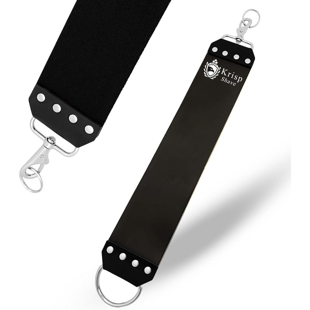 Krisp Beauty leather sharpening strop front view showing cowhide and canvas sides.