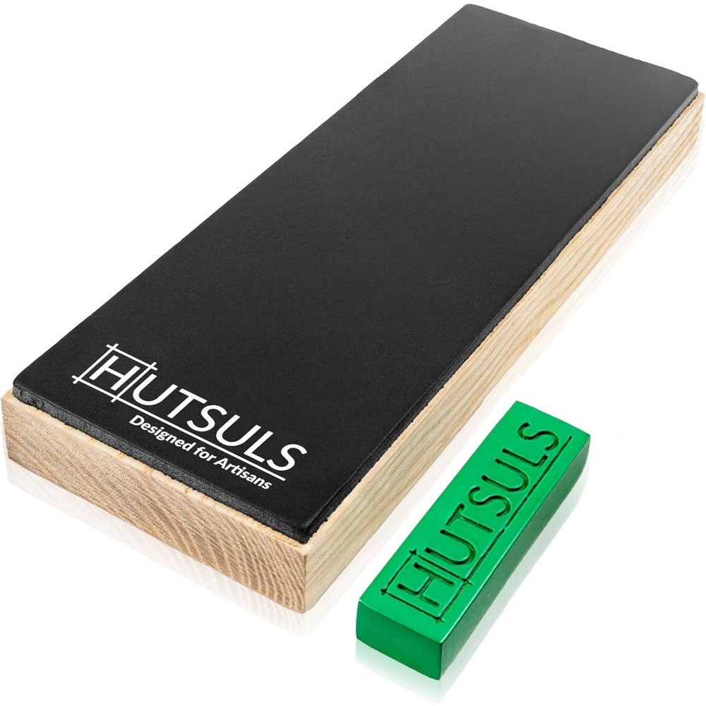 Hutsuls leather strop block front view showing the dual sided organic buffalo leather surface mounted on an ash wood base.
