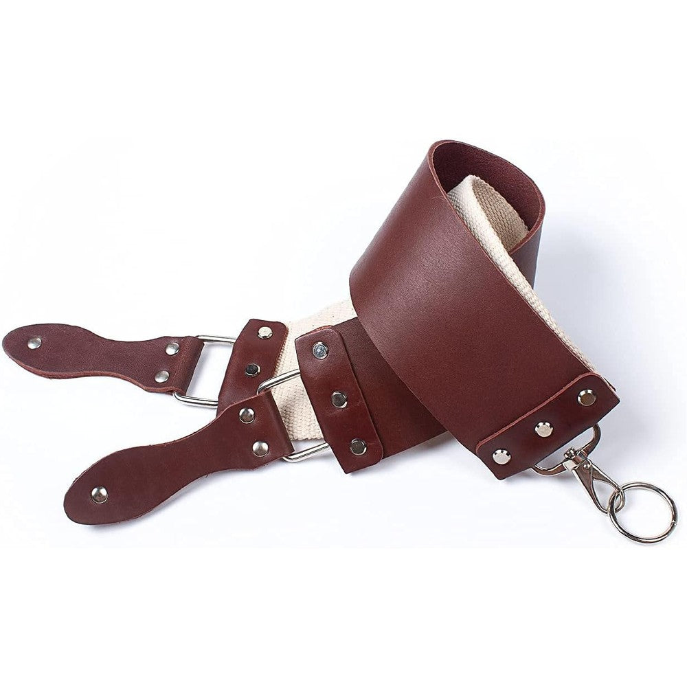 Stamesky straight razor strop front view showing premium brown Latigo leather side.