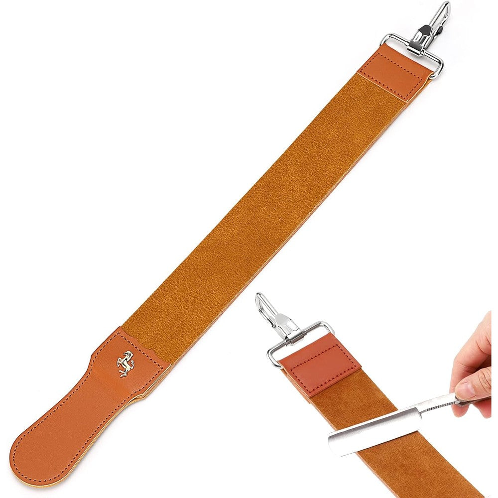 Vanki straight razor strop front view showing premium brown leather texture for grooming.