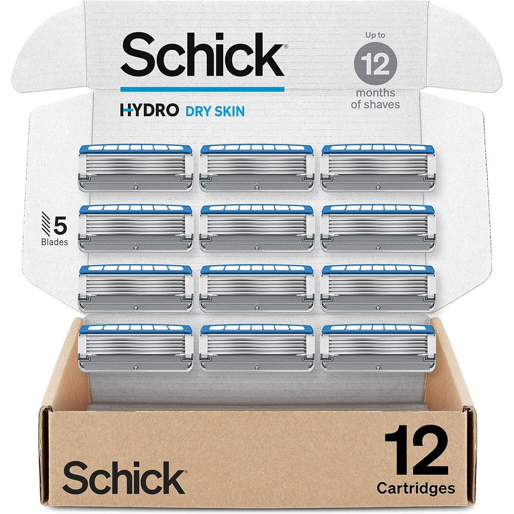 Schick Hydro 5 Dry Skin razor refills 12 count pack front view displaying five blade technology.