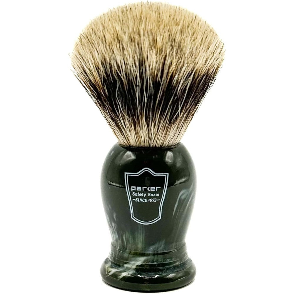 Parker The King oversized pure badger shaving brush with included stand front view
