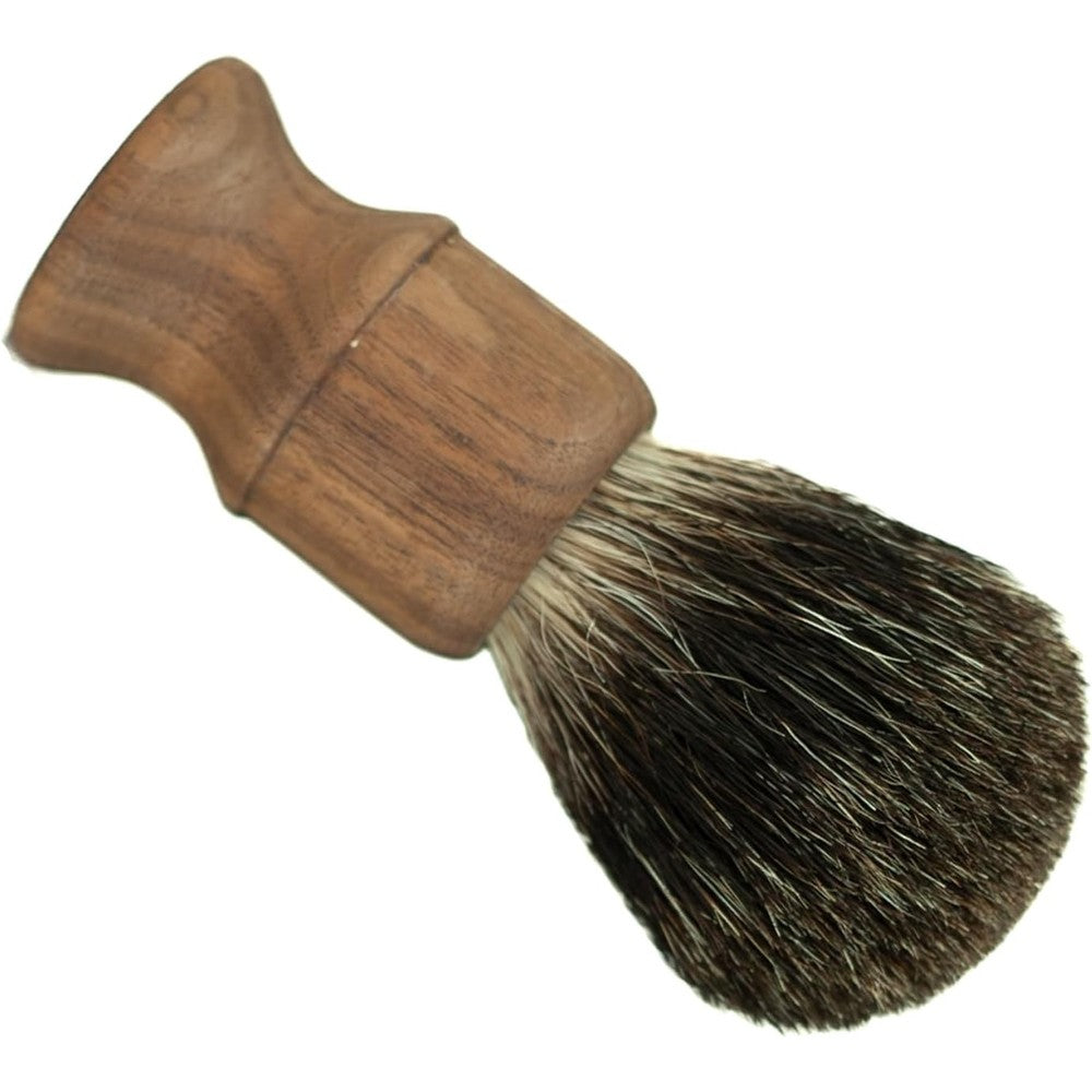 The Vintage Grooming Co Death Grip badger hair shaving brush with walnut handle front view