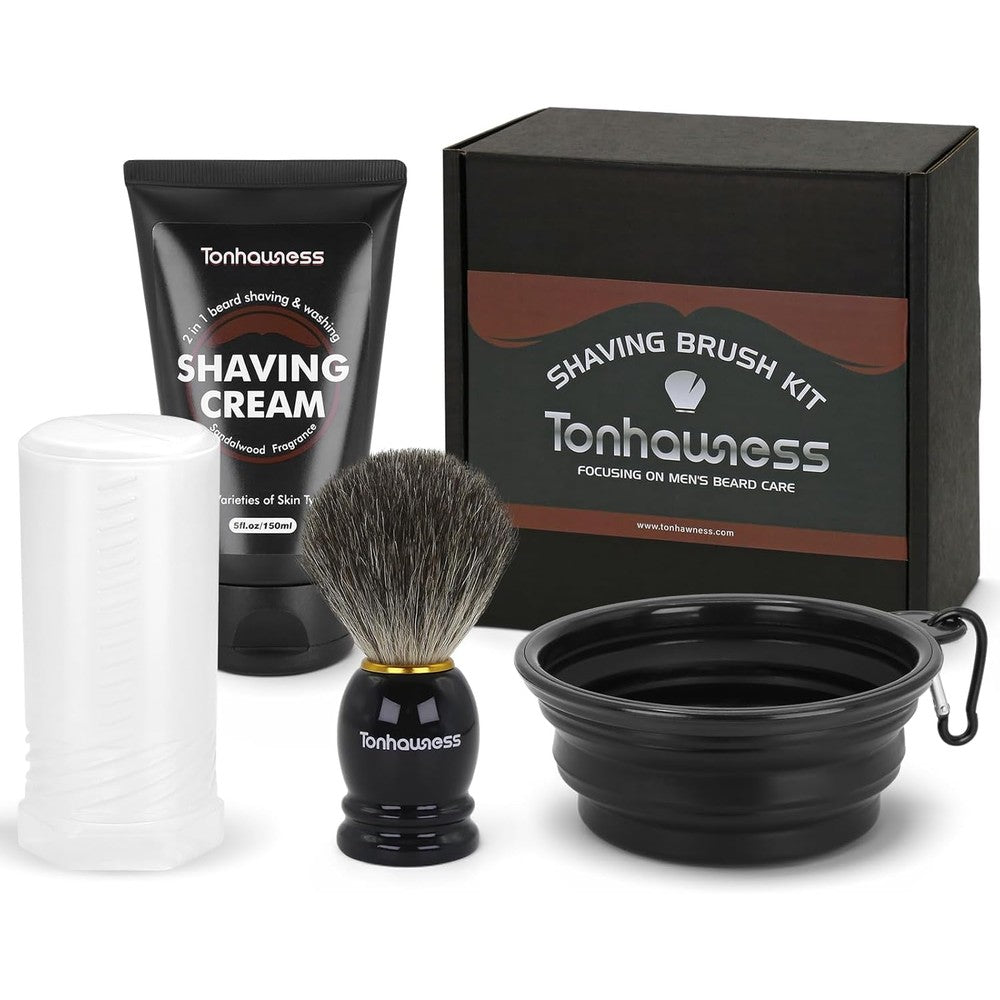 Tonhawness 4 In 1 Travel Shaving Brush Kit For Men With Badger Hair Brush Foldable Silicone Bowl And Sandalwood Shaving Cream - Image 1