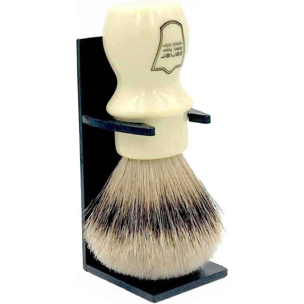 Parker 100 Percent Silvertip Badger Shaving Brush with stand front view