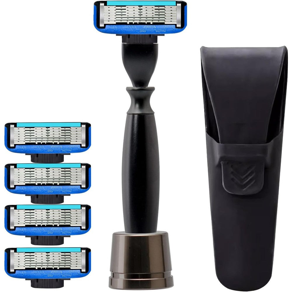 Harry's men's 5 blade refillable razor kit with stand front view
