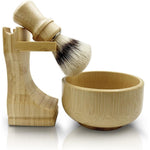 Kikc men's shaving kit featuring boar bristle brush, bamboo stand, and bowl