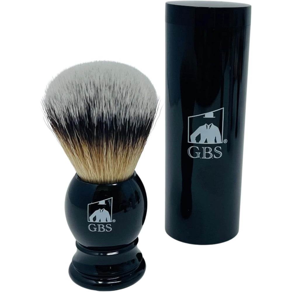 G.B.S synthetic shaving brush with black handle and travel tube