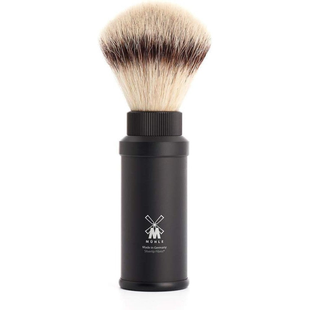 Muhle travel shaving brush black aluminum handle front view
