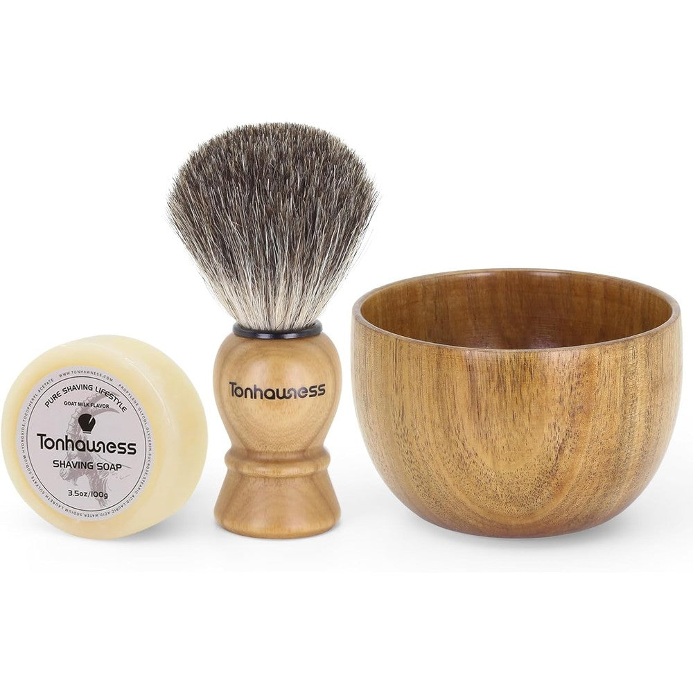 Tonhawness 3 in 1 men's shaving brush kit with wooden bowl