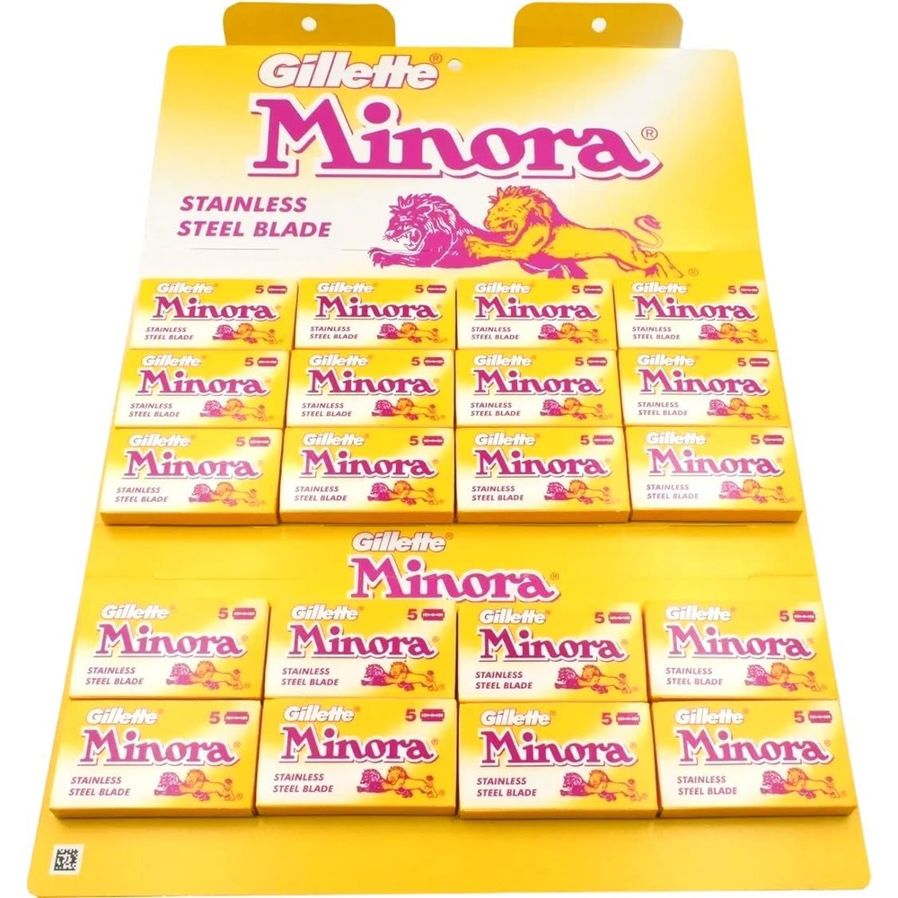 Gillette Minora Stainless Steel Double Edge Razor Blades 100 Count display card front view