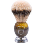 Parker silvertip badger shaving brush with faux horn handle front view