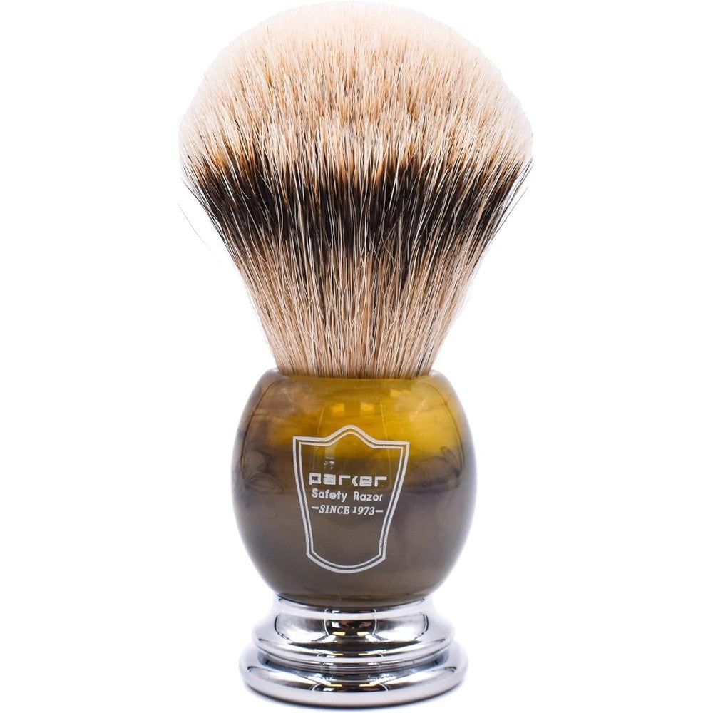 Parker silvertip badger shaving brush with faux horn handle front view