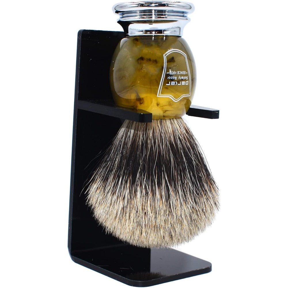 Parker pure badger shaving brush with faux horn handle and stand