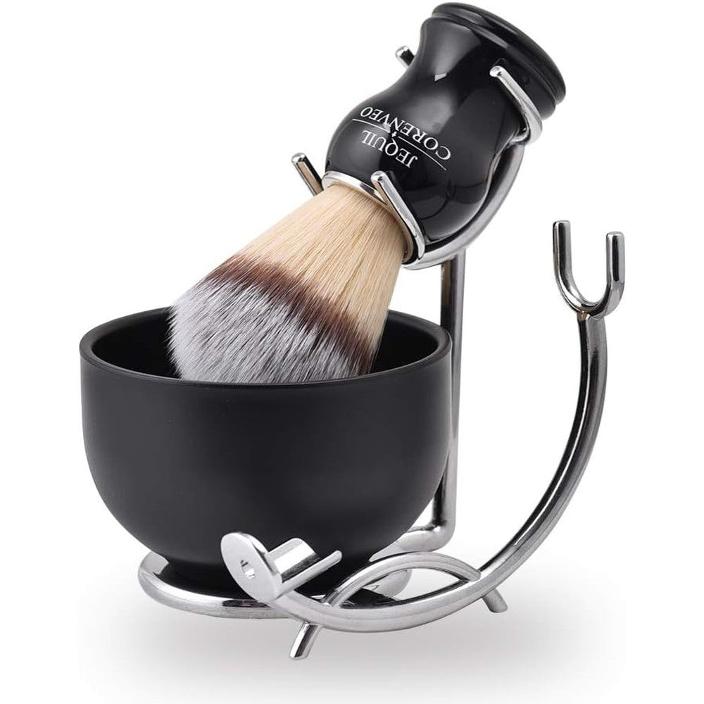 Jequil & Corenveo Deluxe Shaving Kit featuring brush, bowl, and stand.