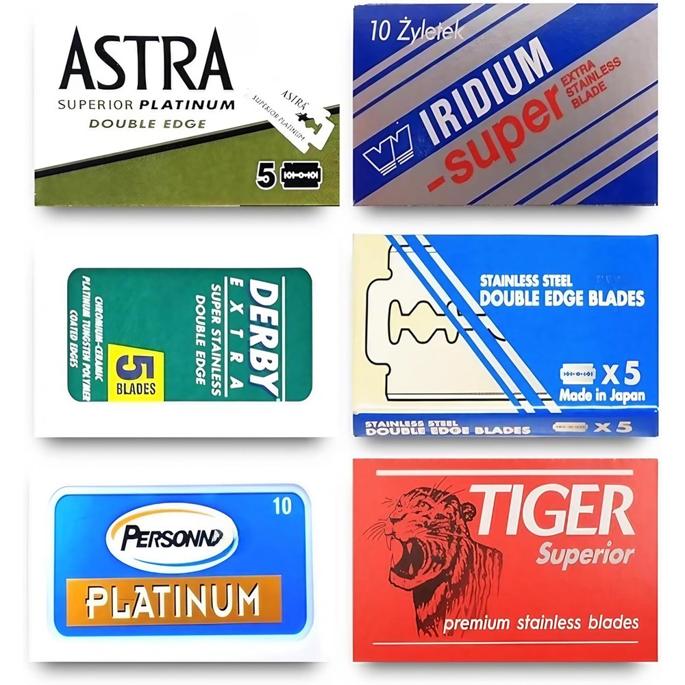 Razor Blades Club double edge razor blade sampler pack 40 count box front view.