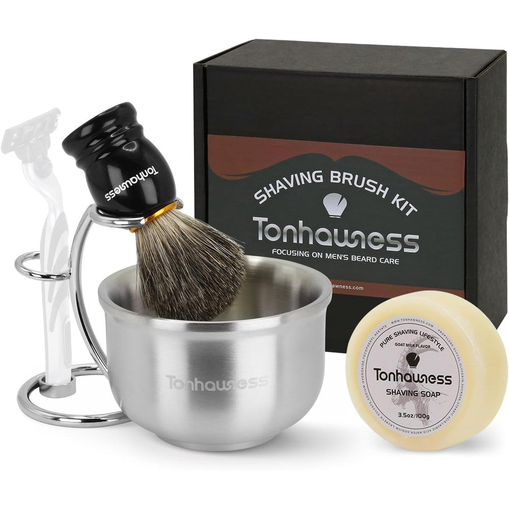 Tonhawness 4-in-1 shaving brush kit front view including bowl and stand