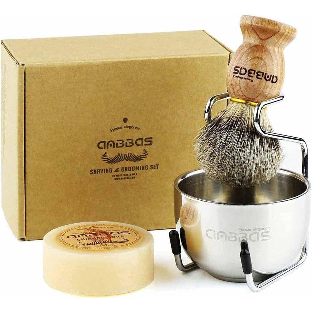 Anbbas badger hair shaving brush set with wood handle and stainless steel stand
