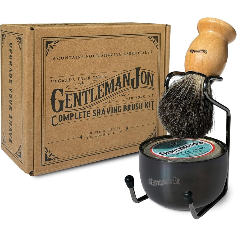 Gentleman Jon Complete Shaving Brush Kit front view with 4-piece set