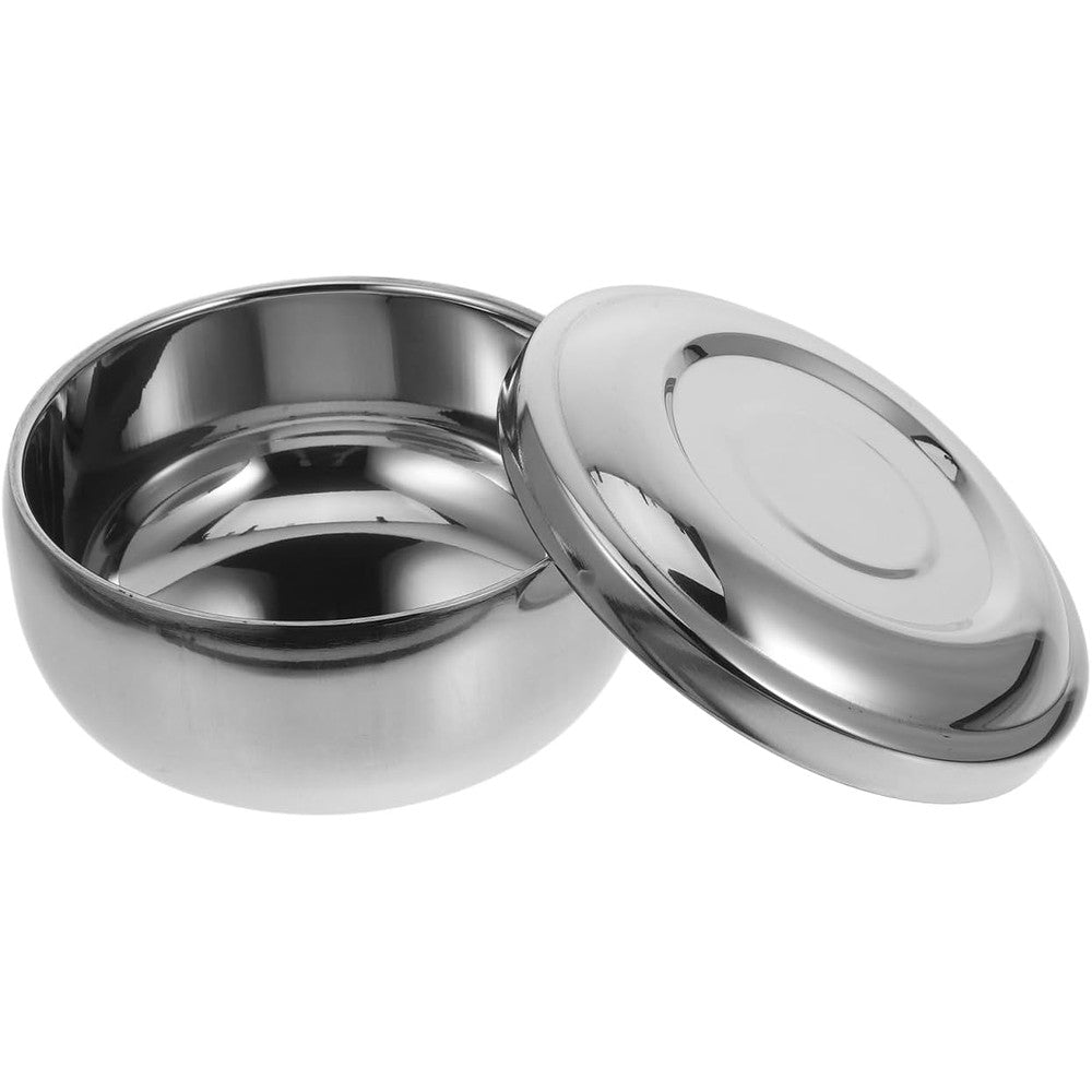 OUNONA stainless steel shaving soap bowl with lid front view for men.