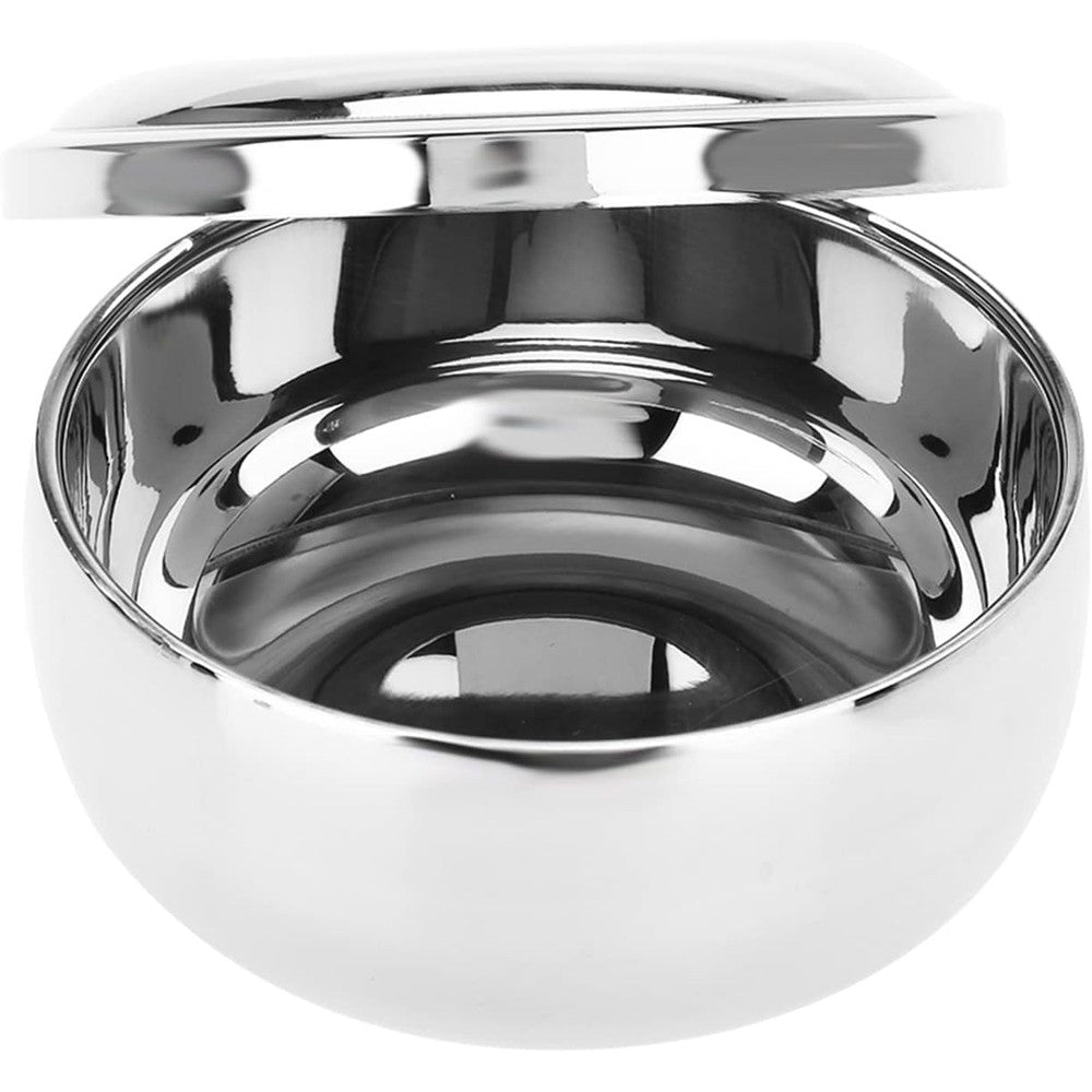 Semme stainless steel shaving bowl front view with lid on.