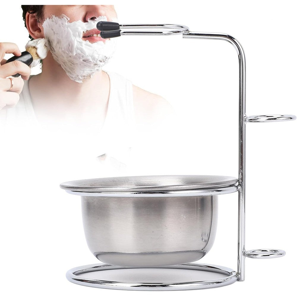 MOUMOUTEN shaving set front view showing metal stand and stainless steel bowl.