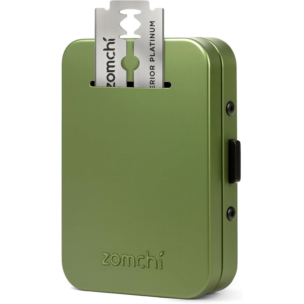Zomchi Razor Blade Bank in olive green front view for safe shaving disposal