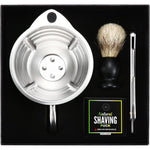 Naked Armor Silver Fox shaving scuttle mug kit front view featuring stainless steel bowl and shavette.