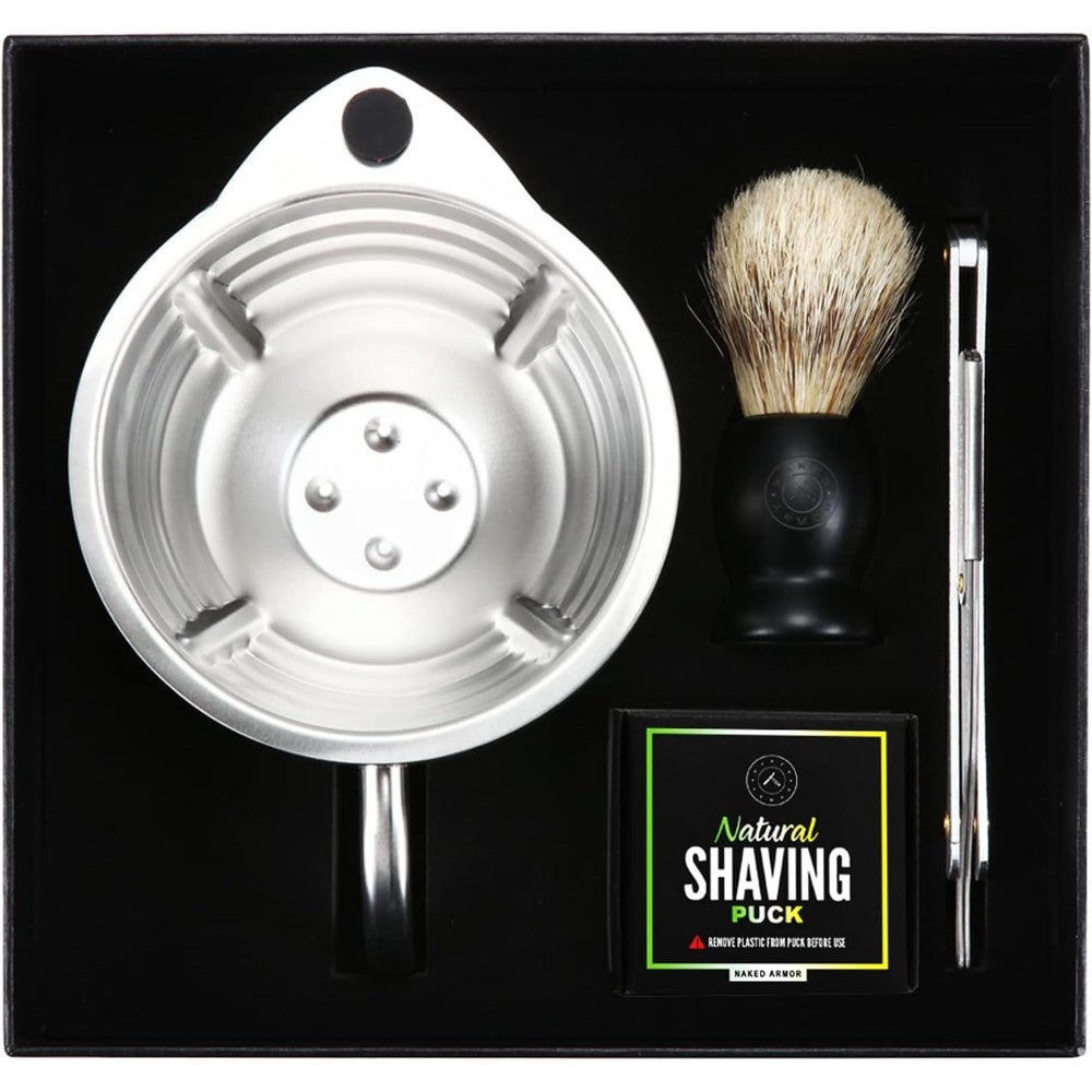 Naked Armor Silver Fox shaving scuttle mug kit front view featuring stainless steel bowl and shavette.