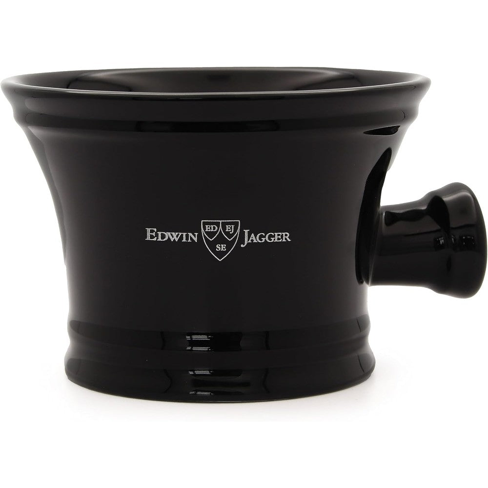 Edwin Jagger RN46 Traditional Porcelain Shaving Bowl front view showing the classic black glazed finish and authentic brand logo.
