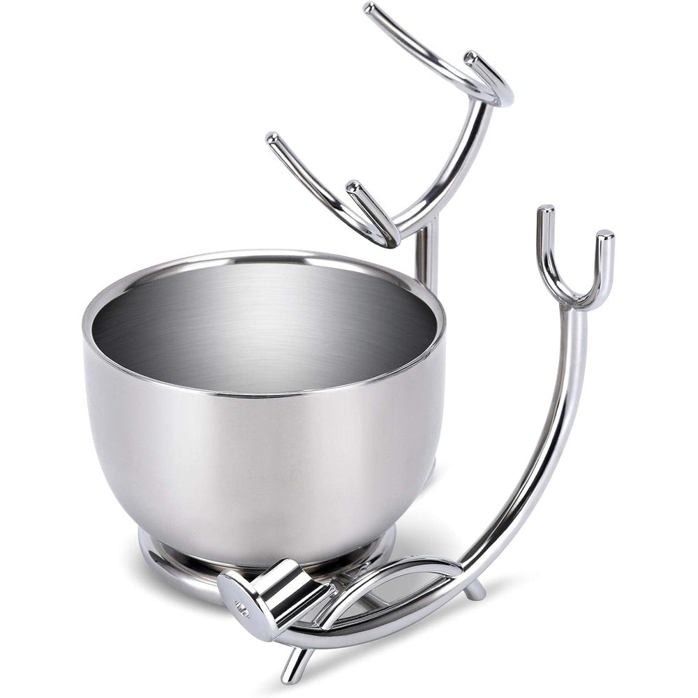 PerPro shaving stand and double stainless steel soap bowl front view on bathroom counter