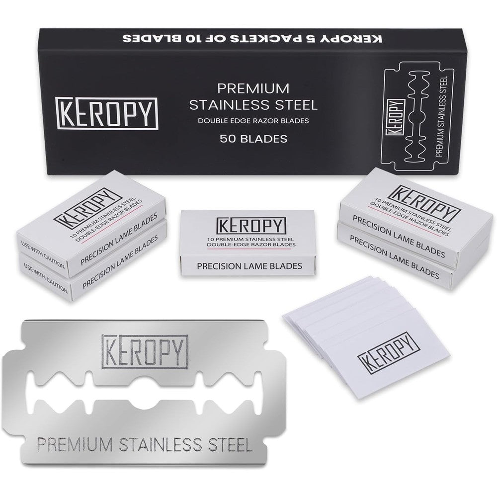 Keropy double edge safety razor blades front view 50 count pack