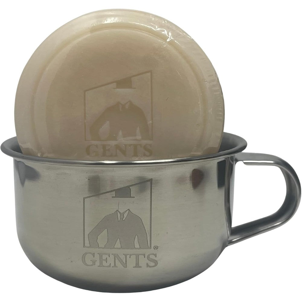 G.B.S stainless steel shaving mug and soap set front view