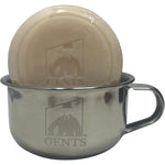 G.B.S stainless steel shaving mug and soap set front view