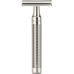 MÜHLE ROCCA R94 double edge safety razor front view showcasing matte silver stainless steel finish.