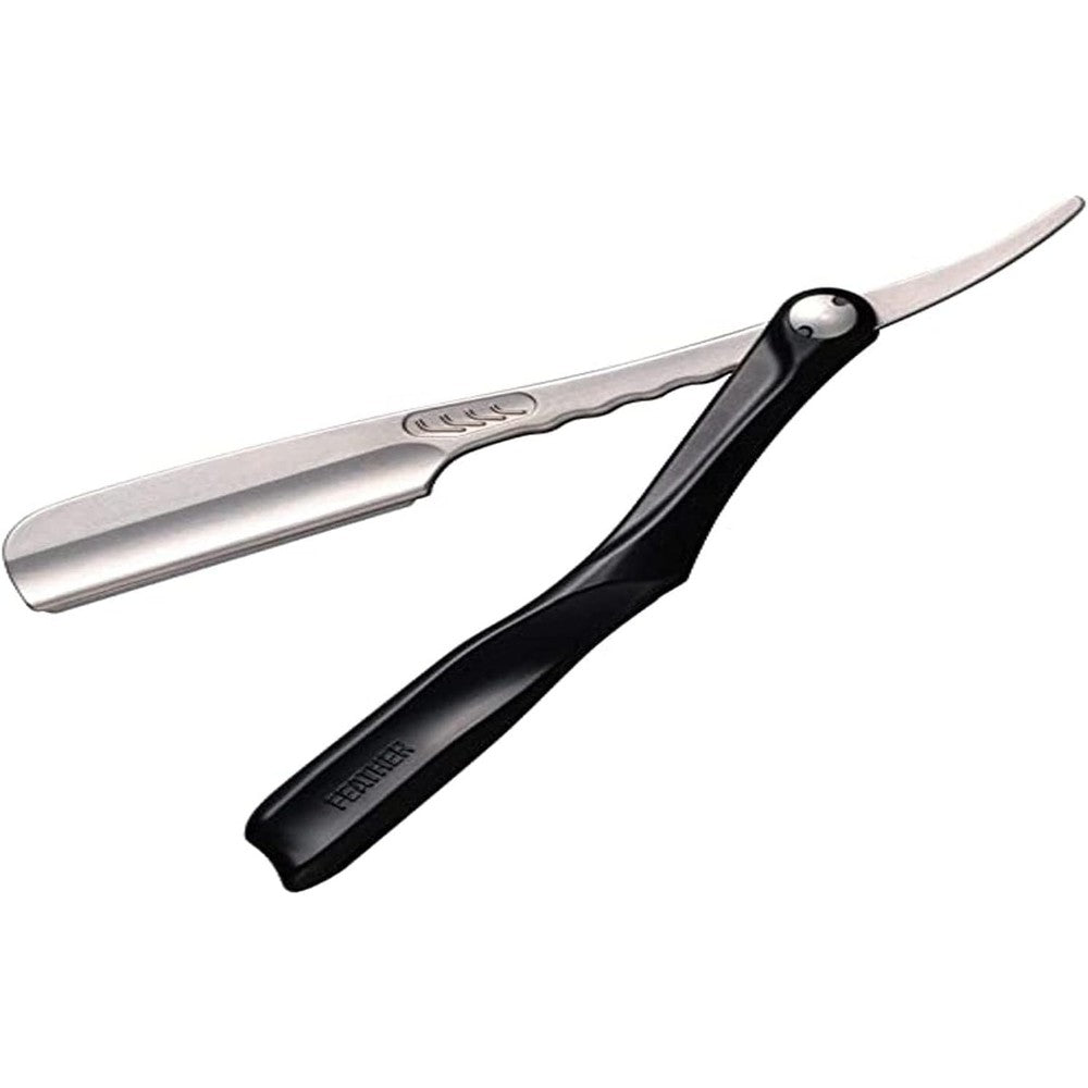 Feather Artist Club Black SS Folding Handle Razor front view showcasing the sleek stainless steel head design.