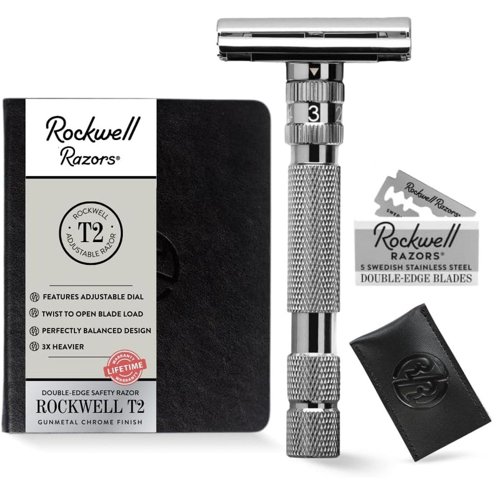 Rockwell Razors T2 adjustable safety razor gunmetal chrome front view for professional grooming