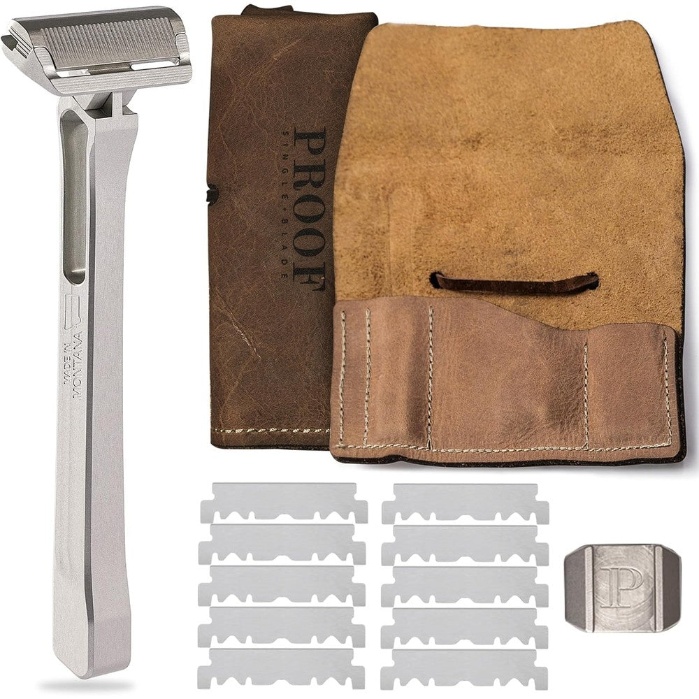 PROOF Select Single Blade Razor front view of aluminum safety razor